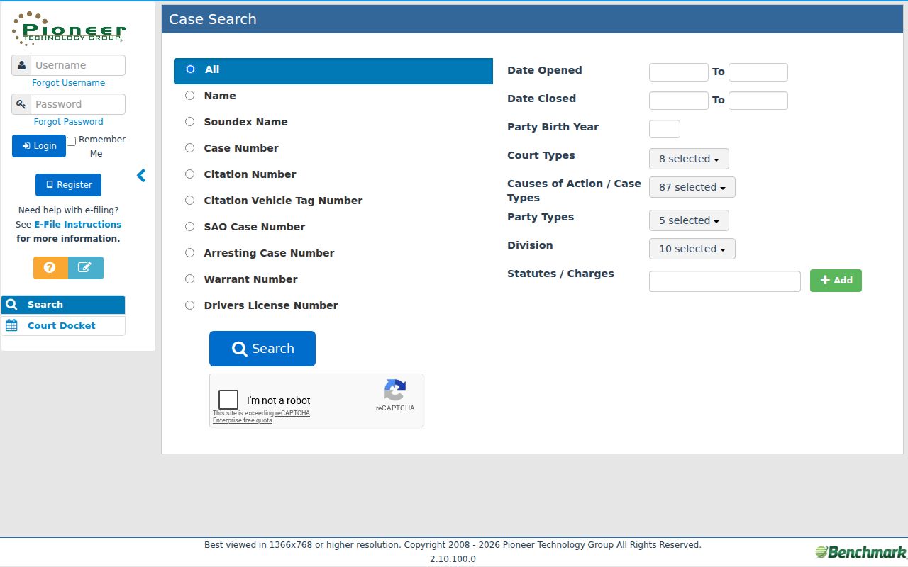 Houston County case lookup Benchmark search controls