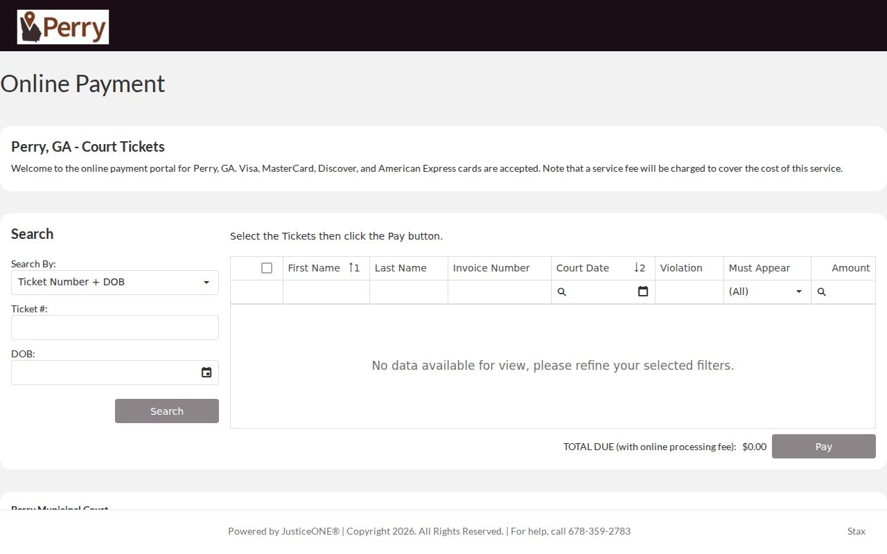 Perry court docket JusticeOne ticket search route